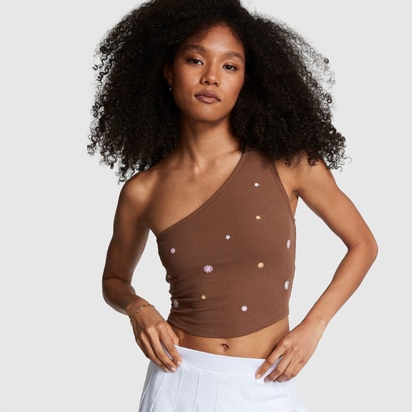 Victoria's Secret PINK Rib One-Shoulder Crop Tank Top Brown XXL NEW - Picture 4 of 7